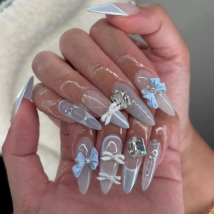 24 Piece Pink Almond Fake Nail Set With Bowknot Design - Smarsty
