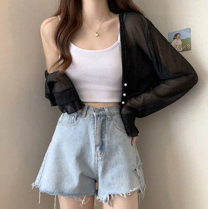 2025 Fairy Style Solid Cardigan Women Summer New Long Sleeve Sunscreen Sweet Beading V-neck Basics Loose Chiffon Cardigan - Smarsty