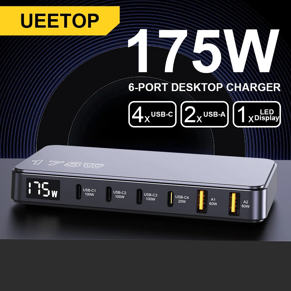 GaN USB C 6Port Desktop Charger With Fast LED Display - Smarsty