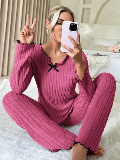 Women Autumn Winter Sleepwear Ribbed Pajamas Set Long Sleeve Top and Long Pants 2 Piece Set Casual Homewear Loungewear - Smarsty