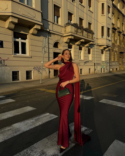 Elegant Women's Ribbon Long Satin Party Dress Halter Backless Sleeveless Female Dresses 2025 Summer Lady Solid Evening Gowns - Smarsty