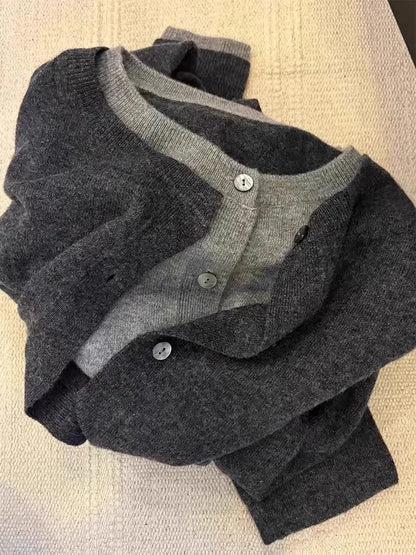 Fake two 100% pure cashmere sweater cardigan dark grey high-grade wool knit coat top - Smarsty