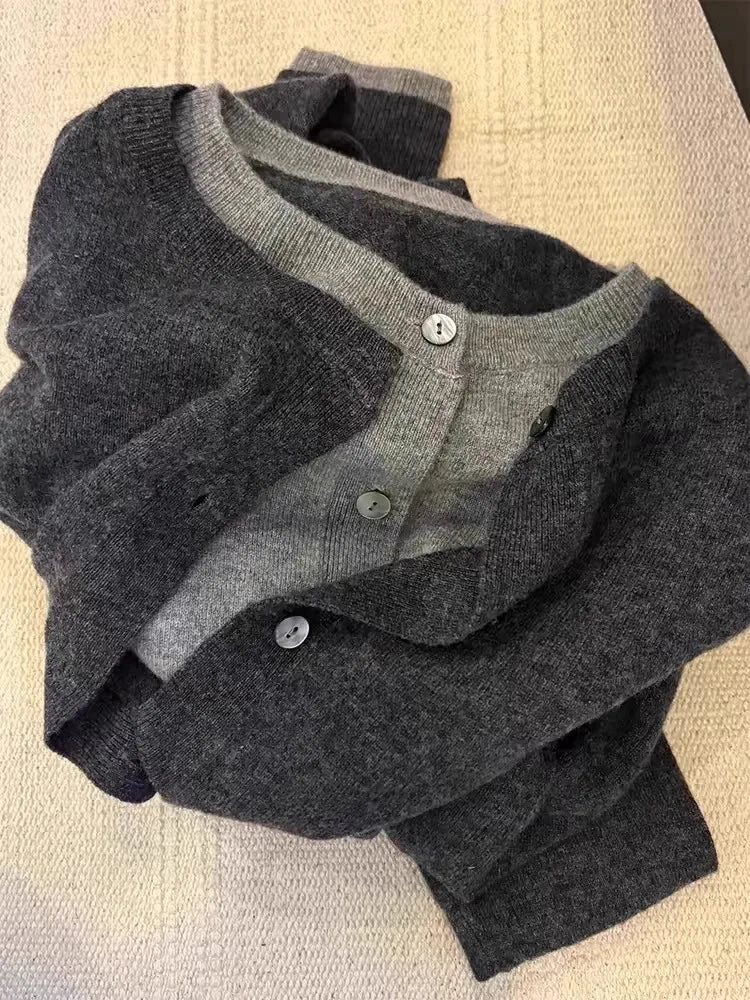 Fake two 100% pure cashmere sweater cardigan dark grey high-grade wool knit coat top - Smarsty