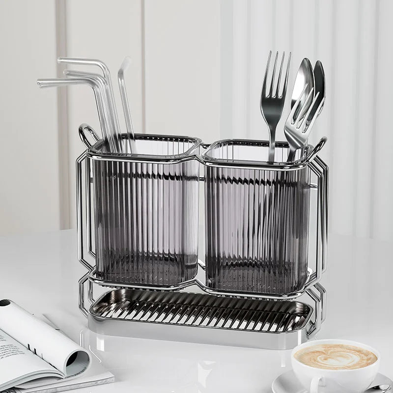 Luxury Wall-Mounted Chopsticks Holder - No Drill Utensil Organizer for Kitchen, Multi-Function Spoon & Fork Rack with Drain Hole