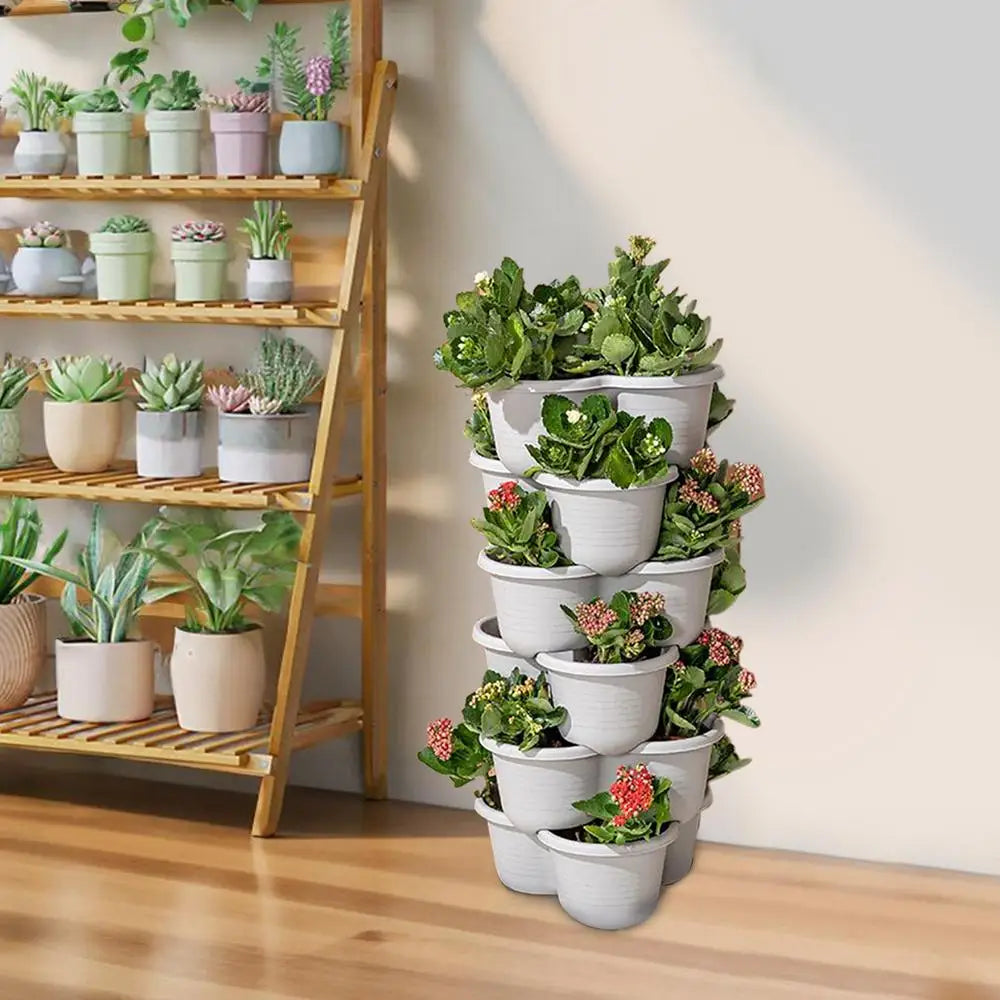 Plastic Stackable Vertical Flower Pot Multi-layer Garden Planter Tower with Movable Casters for Strawberry vegetable Frame Grow