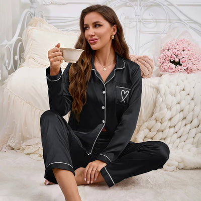 Autumn Satin Pajama for Women Heart-shaped Embroidery Sleepwear & Loungewear Long Sleeve Top & Pants Home Clothes Pyjama 2 Piece - Smarsty