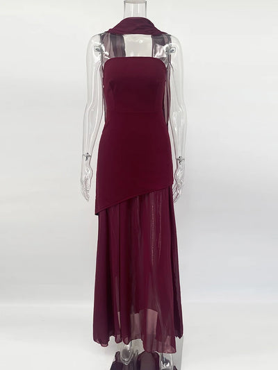 TARUXY Fashion Strapless Dress With Ribbon Female Elegant Sleeveless Mesh Beach Vacation Long Dress 2025 Spring New Women Dress - Smarsty