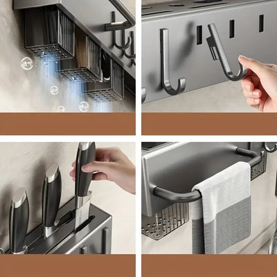 Wall Mounted Kitchen Knife Pot Cover Storage Rack Metal Kitchen Shelf Skeletonized Drainage Easy To Clean Chopstick Organizer