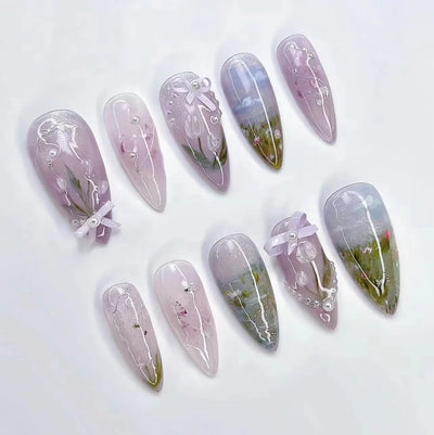 24 Piece Pink Almond Fake Nail Set With Bowknot Design - Smarsty