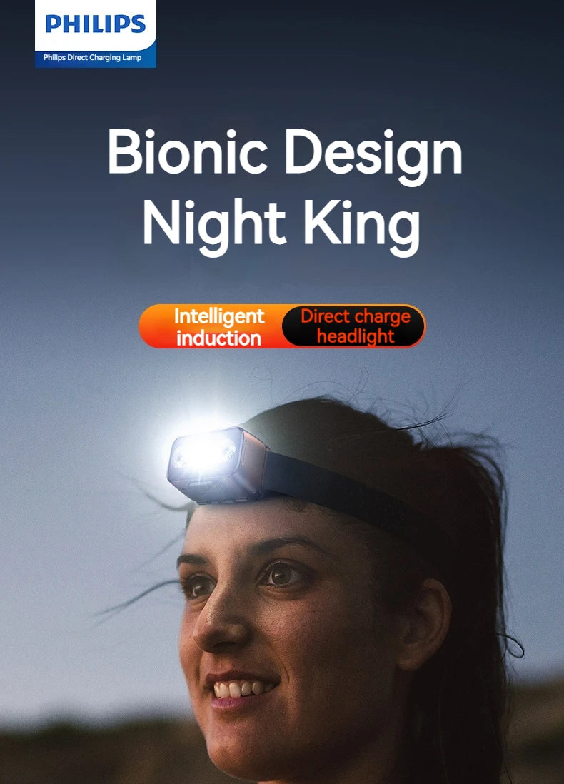 PHILIPS LED Headlamp Sensor Head Flashlight Ten Types of Lighting Type-C Rechargeable Headlight Outdoor Camping Fishing Lantern by Smarsty