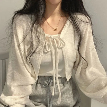 White Knitted Cardigan for Women Summer Thin Sunscreen Lace-Up Knitwear Tops Female Fashion Korean Lantern Sleeve Short Coat - Smarsty
