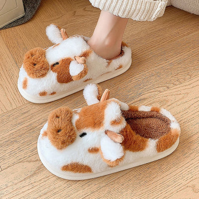Casual Fluffy Slippers Women House Cute Cartoon Cow Designer Shoes Girl Flat Fashion Elegant Plush Winter Platform Footwear Home - Smarsty