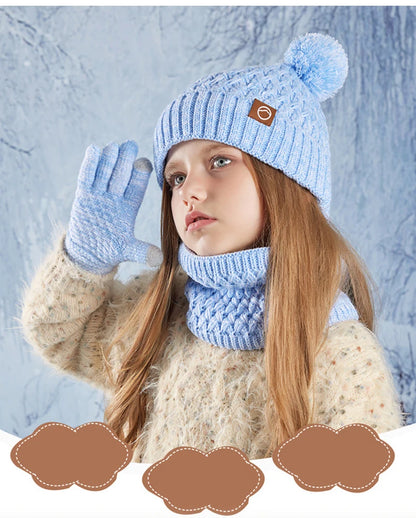 Winter Kids Hat Set Warm Beanie Scarf Gloves Pompom Fleece - Smarsty