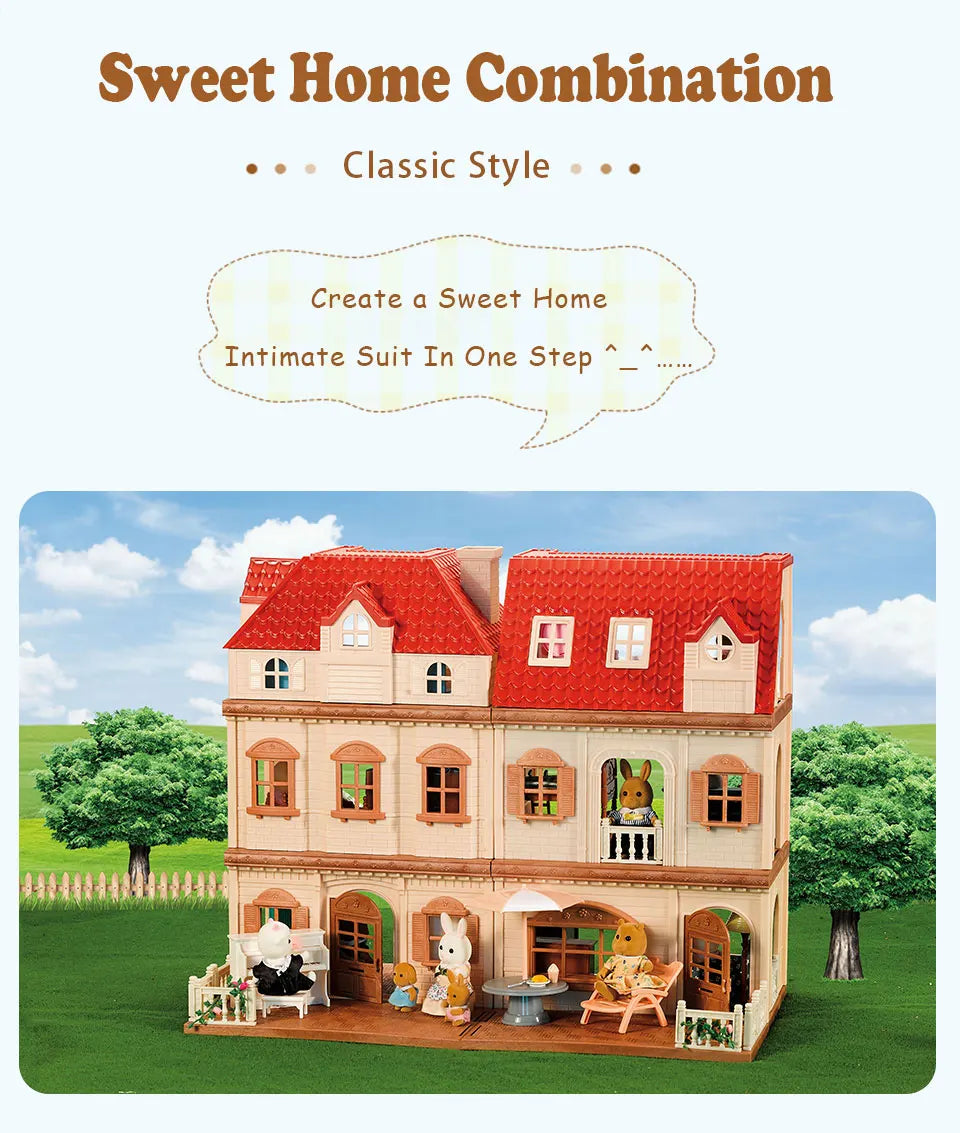 Simulation Kitchen Forest Family Small House Double Three- Story Villa Reindeer Animal Model Girl Dollhouse Furniture Toy Gifts