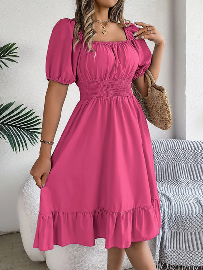 Women's MIidi Dresses 2024 Summer Casual Square Neck Short Sleeved Waist Ruffle Edge Dress Dress Women Elegant Платья Женские - Smarsty