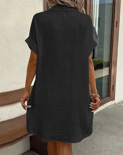 Vintage Women Solid Mini Dress Summer Fashion V-neck Three Quater Sleeve Cotton Linen Dress Ladies Casual Holiday Vestidos - Smarsty