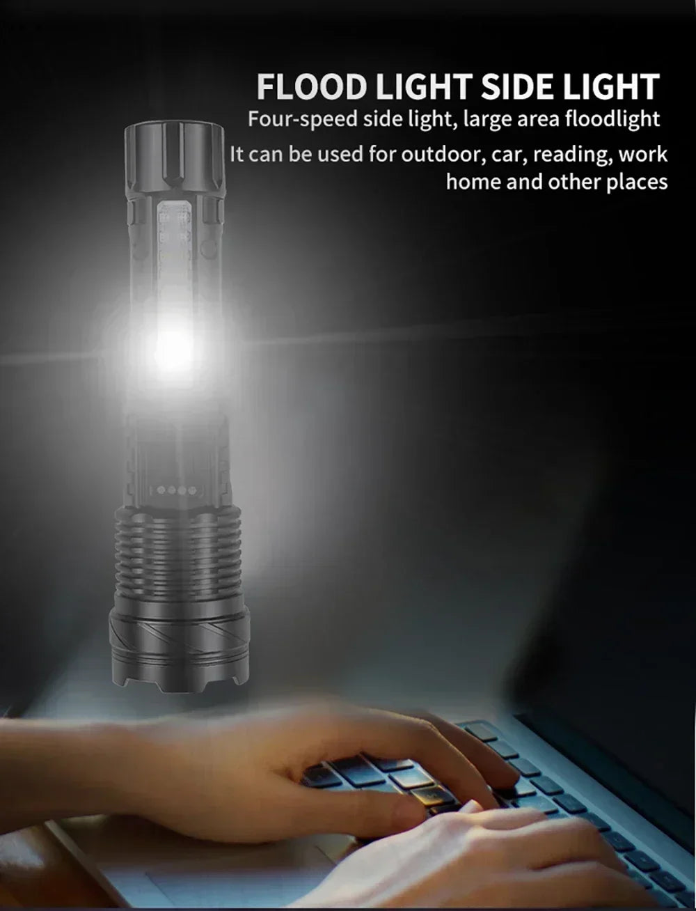 Rechargeable LED Flashlight Zoomable Torch with COB Side Led 7 Modes Waterproof High Power Hand Light Outdoor Wilderness Camping