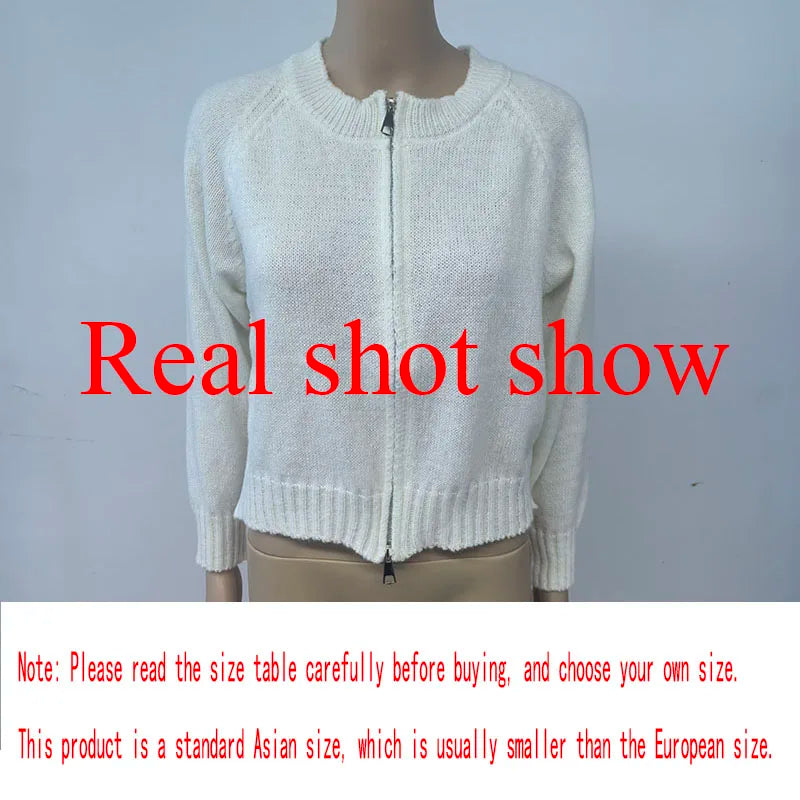 Autumn Winter Short Knitting Cardigan Women Solid Color Long Sleeve Round Neck Sweater Jacket 2025 Casual Zipper Sweater Coats - Smarsty