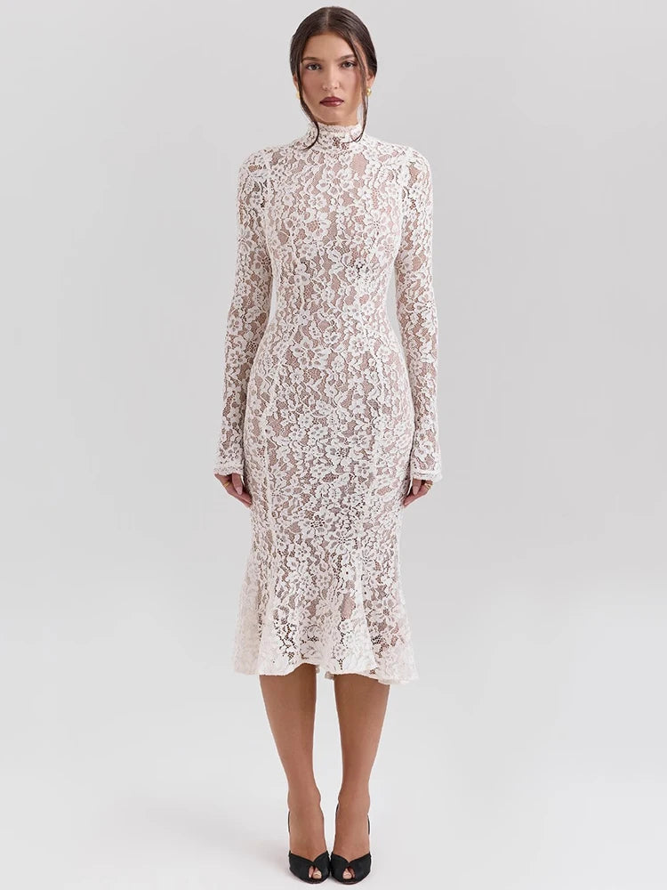 Mozision Lace Long Sleeve Sexy Midi Dress For Women Elegant White Half High Collar High Waist Bodycon Club Party Sexy Long Dress - Smarsty