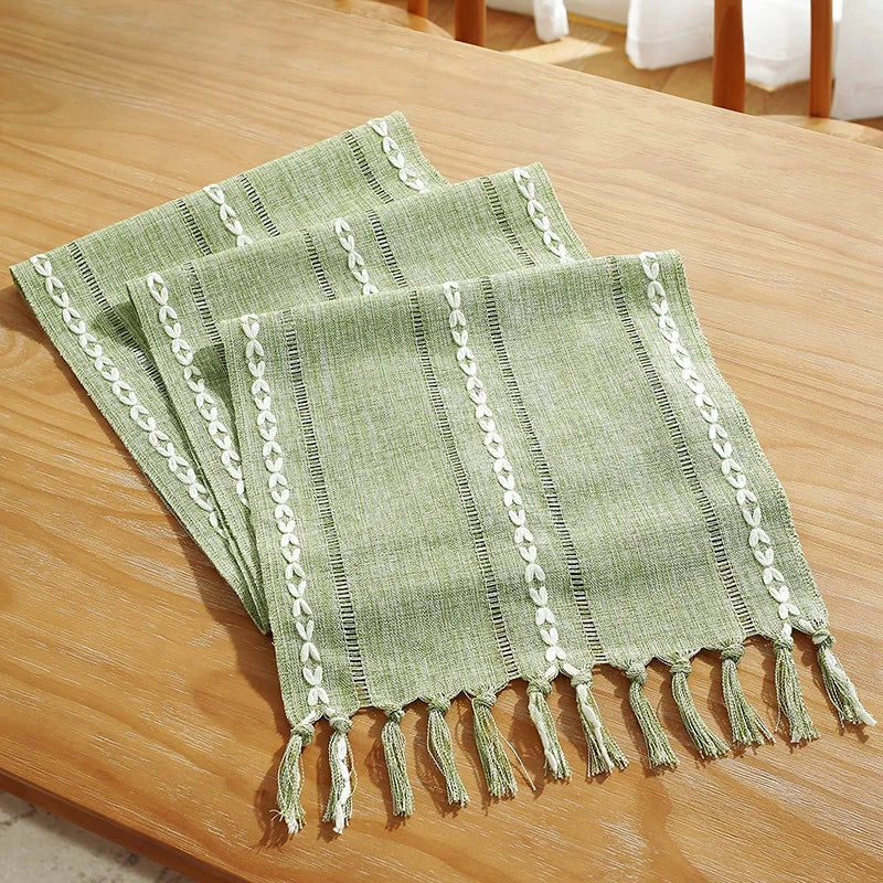Boho Green Table Runner with Rustic Tassels - Smarsty
