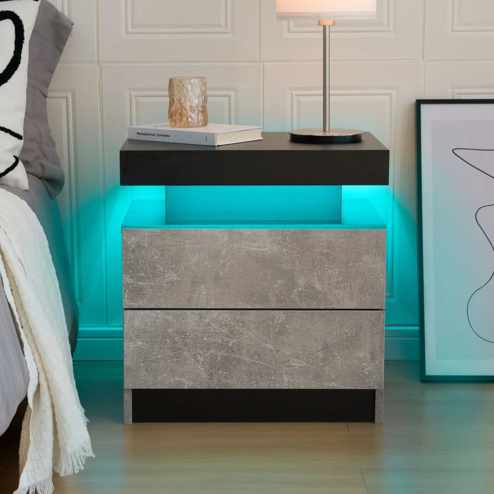Cubehom LED Nightstands with 2 Drawers, End Table with RGB LED Lights for Bedroom Living Room, White Bedside Table