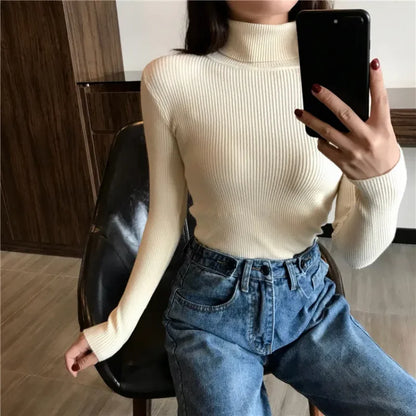 2024 Autumn Winter Thick Sweater Women Knitted Ribbed Pullover Sweater Long Sleeve Turtleneck Slim Jumper Soft Warm Pull Femme - Smarsty