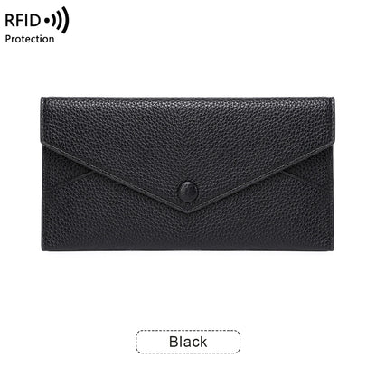 RFID Anti-Theft Purse for Women, Lychee Print, Soft Leather, Envelope Long Wallet, Ultra-thin, Portable, Simple Hand Bag