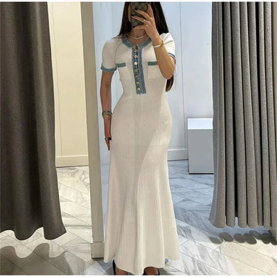 Elegant Contrasting Women Knit Maxi Dress Chic O-neck Short Sleeve Metal Buttons Bodycon Dresses Office Lady Commuting Robe - Smarsty