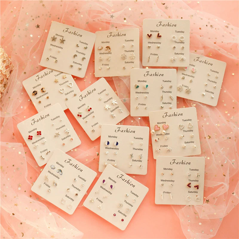 4 Pair Silver Heart Stud Earrings Set Cute Gift Everyday - Smarsty