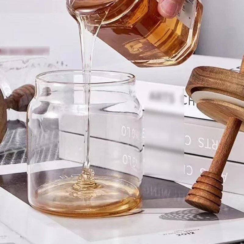 Honey Jar High Borosilicate Glass Sealed Tank Mixing Rod with Wooden Cover Transparent Honey Bottle Kitchen Storage Containers