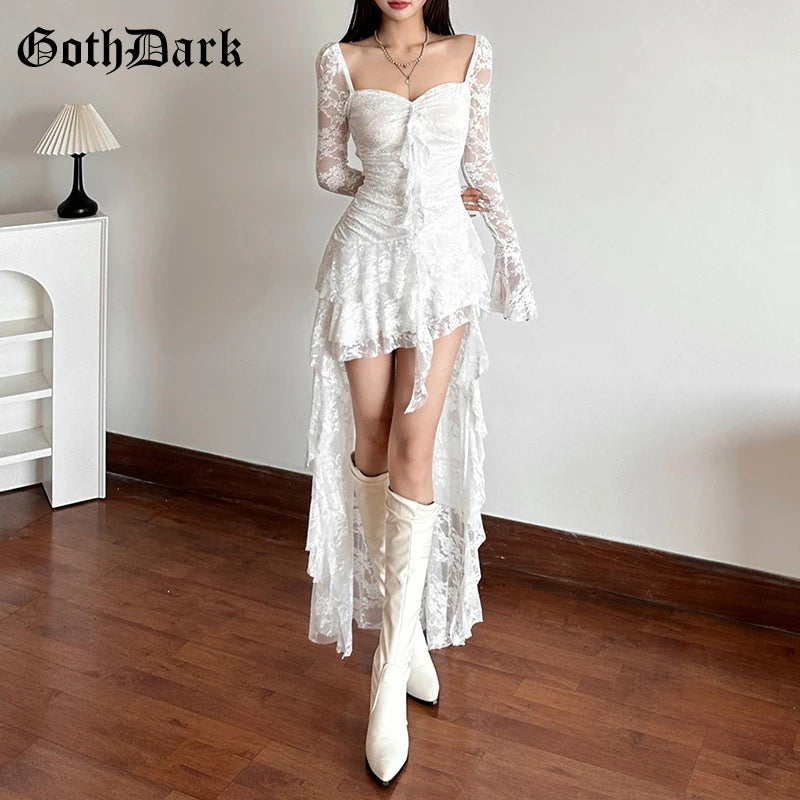 Goth Dark Fairycore Lace Flare Sleeve Square Neck A-line Dress Sweet E-girl Irregular Long Hem Dresses Cyber Y2K Party Vestido - Smarsty