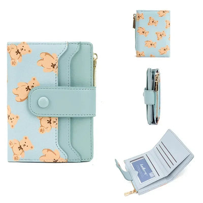 Women Short Wallets PU Leather Female Bifold Purses Cute Bear Card Holder Wallet for Girl Small Zipper Wallet with Coin Purse - Smarsty