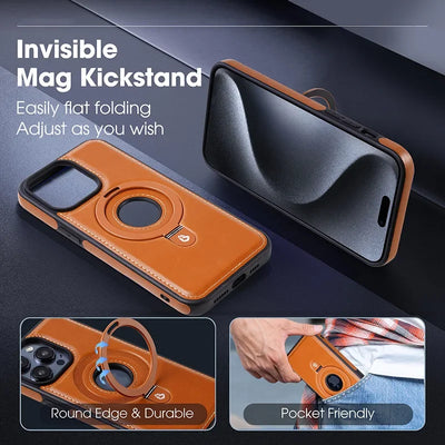Folding Ring Stand Leather Magnetic Macsafe Case for Magsafe IPhone 15 14 13 16 Pro Max Plus 15Pro 16Pro Mac Safe Holder Cover