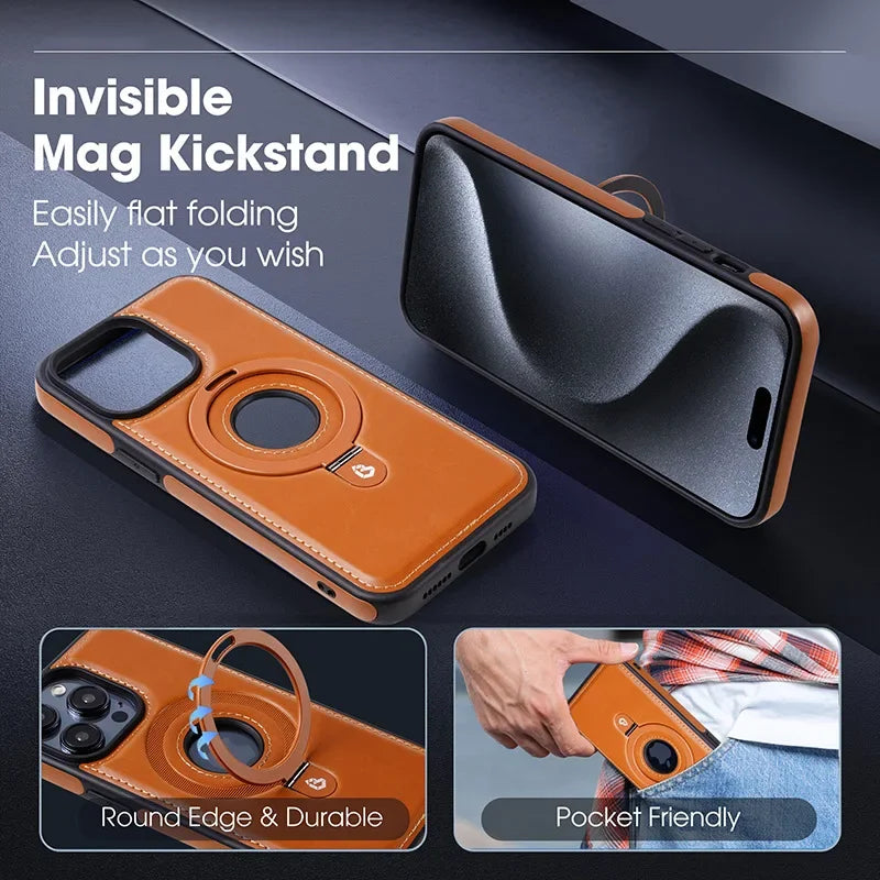 Folding Ring Stand Leather Magnetic Macsafe Case for Magsafe IPhone 15 14 13 16 Pro Max Plus 15Pro 16Pro Mac Safe Holder Cover