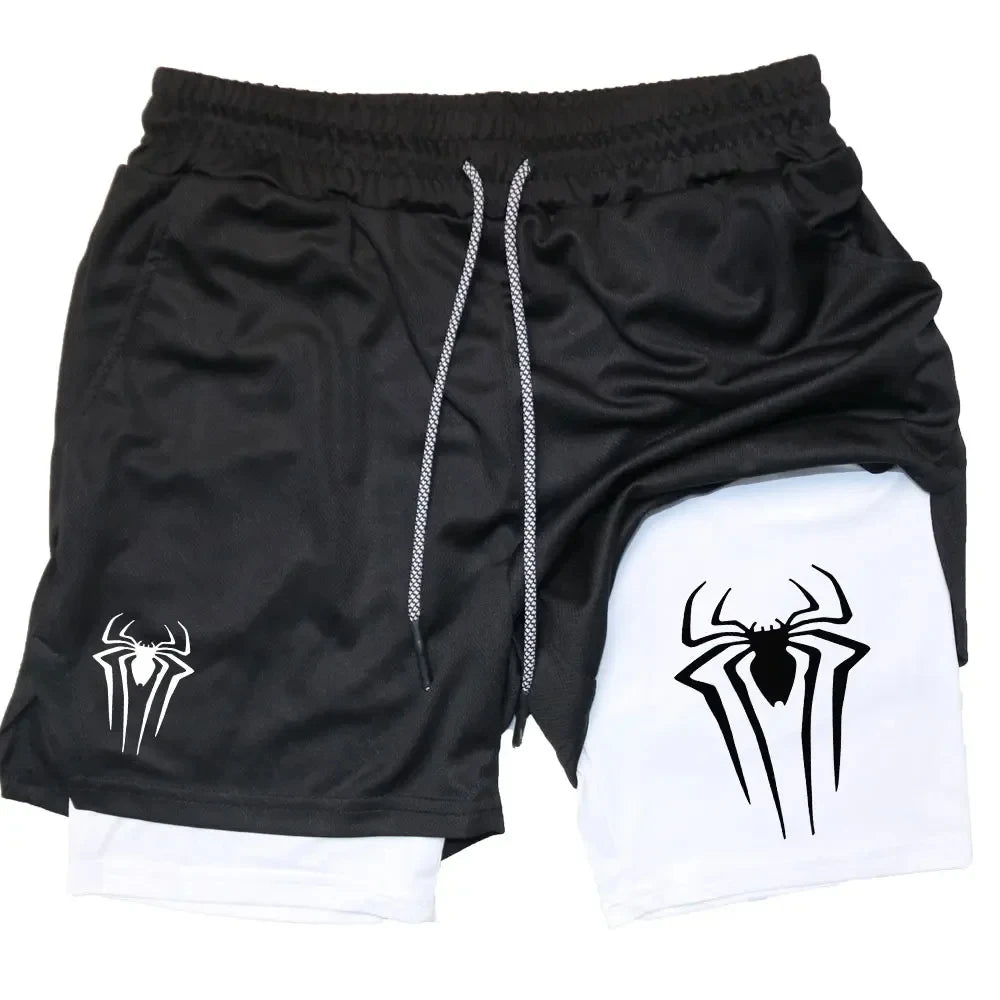 Y2K Performance Shorts Men Spider Printed GYM Casual Sports Compression Shorts Workout Running Mesh 2 In 1 Sport Short Pants - Smarsty