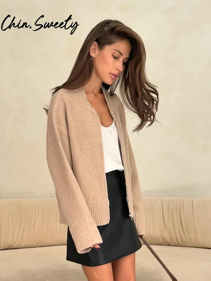Vintage Knit Women Cardigan Casual Full Sleeve Zipper O Neck Pleated Solid Lady Sweater 2025 Autumn Fashion Female Knitwear - Smarsty