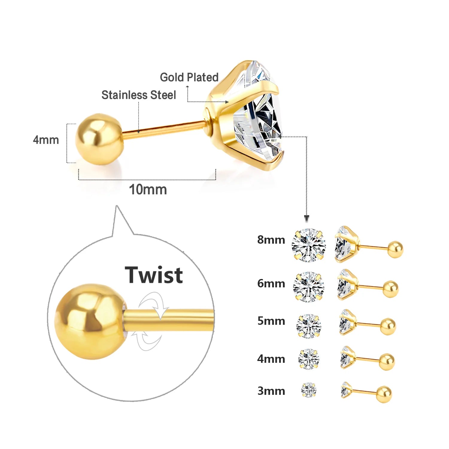 Stainless Steel CZ Stud Earrings Hypoallergenic Screw - Smarsty