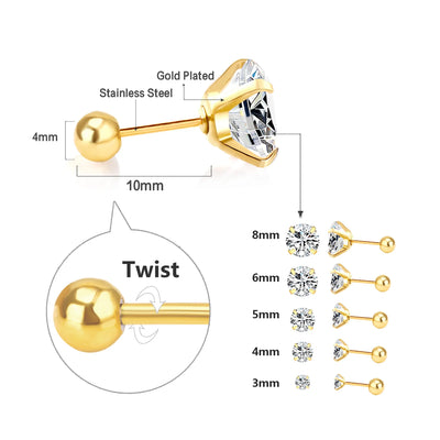 Stainless Steel CZ Stud Earrings Hypoallergenic Screw - Smarsty