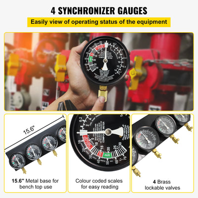 SucceBuy Fuel Vacuum Carburetor Synchronizer Carb Tool sync 4 Gauge Set with Rubber Hose Vacuum Balancer Meter Kit For Motorbike