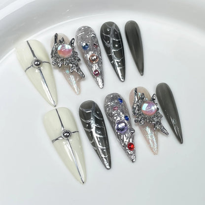 Dark Black Stiletto Press On Nails with Butterfly Design - Smarsty