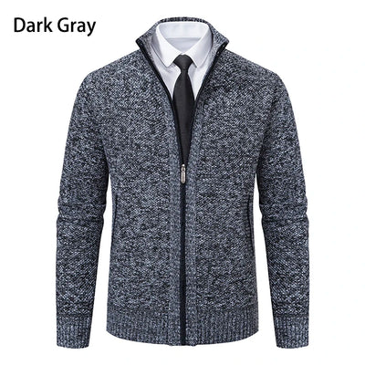 Autumn And Winter New Jersey Men's Casual Sports Coat Solid Color Stand Collar Wweater Grab Fleece Warm Zipper Cardigan - Smarsty
