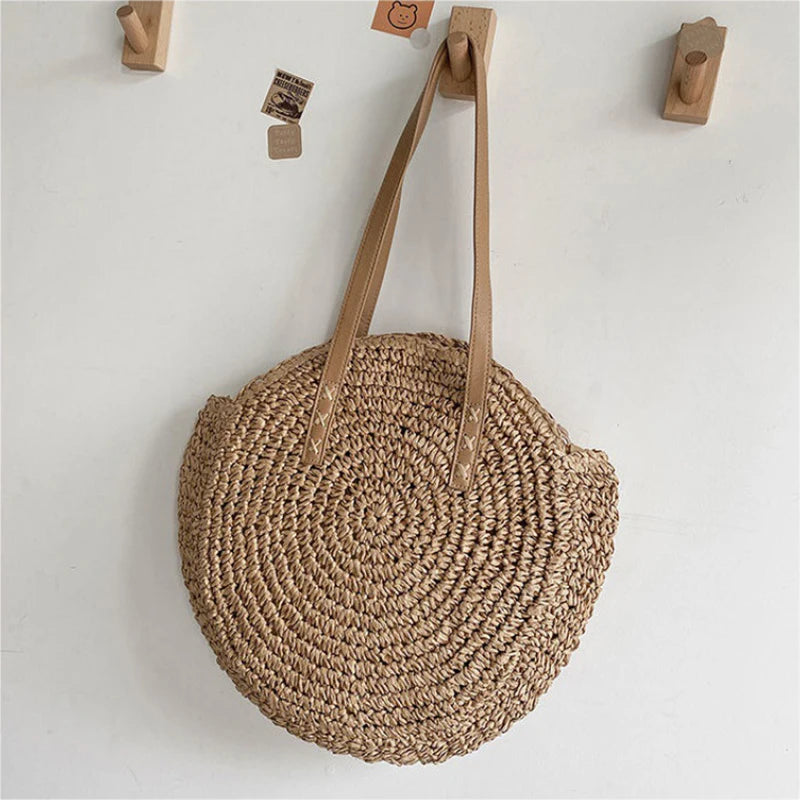 Round Straw Beach Tote for Women Large Capacity Bag - Smarsty