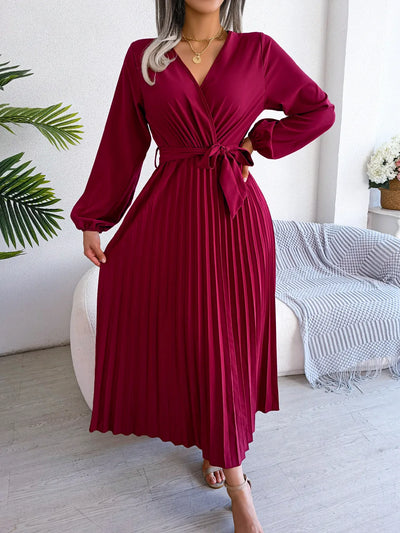 Women Elegant V Neck Long Sleeve Pleated Maxi Dress - Smarsty