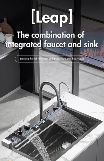 Large Stainless Steel Kitchen Sink with Digital Faucet Display - Smarsty