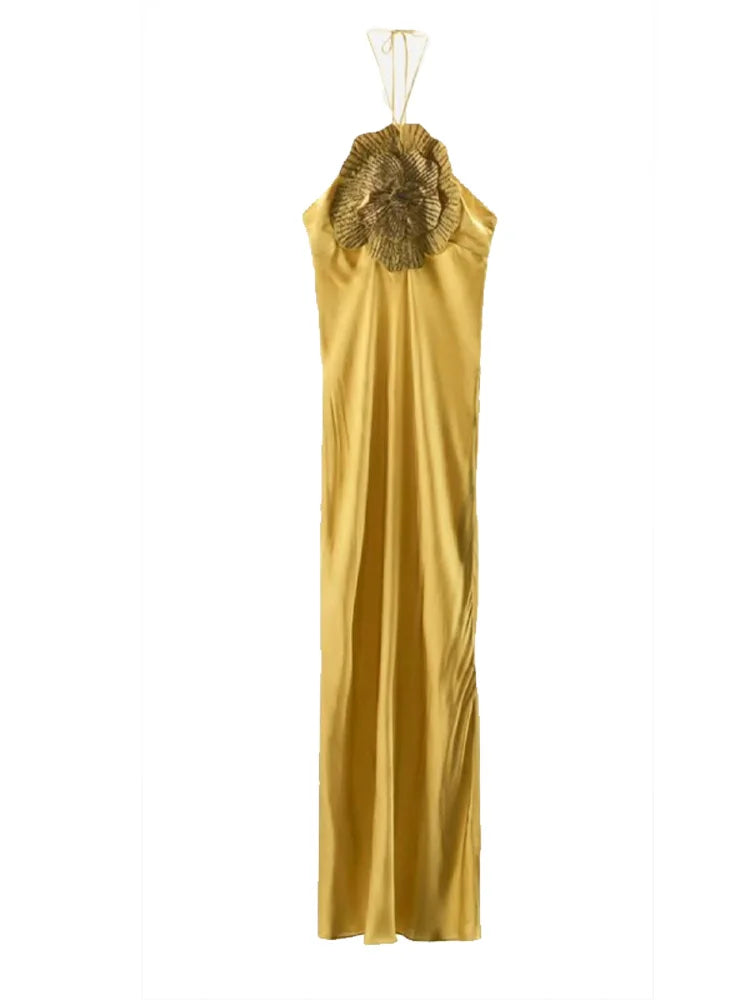 Elegant Party Women's Dress 3D Flower Halter Sleeveless Backless Mermaid Satin Female Dresses 2025 Summer Chic Evening Lady Robe