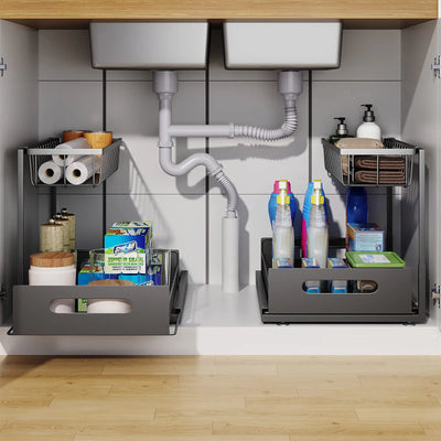 Under Sink 2 Tier Sliding Cabinet Basket Organizer Drawer Pull Out Cabinet Multi-Purpose Sink Organizer for Bathroom Kitchen by Smarsty