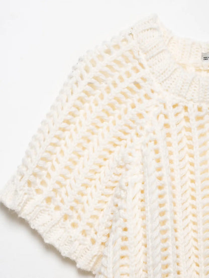 Hollow Out Knit Pullover Women Casual Round Neck Lace Up Bow Sweater Female Autumn Short Sleeves Solid Knitwears Lady - Smarsty