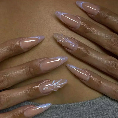 24Pcs Pink Almond False Nails with French Design - Smarsty