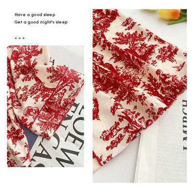 Fashion Print Flower 2PCS Pajamas Set Women Sleepwear Spring Summer Trouser Suits Lounge Wear Loose Satin Homewear Pijamas Suit - Smarsty