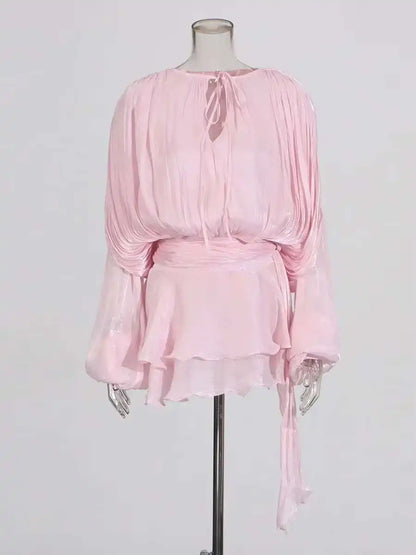 TWOTWINSTYLE Solid Blouse Mini Dresses For Women V Neck Long Sleeve Spliced Lace Up Sweet Style Dress Female Clothing Fashion - Smarsty